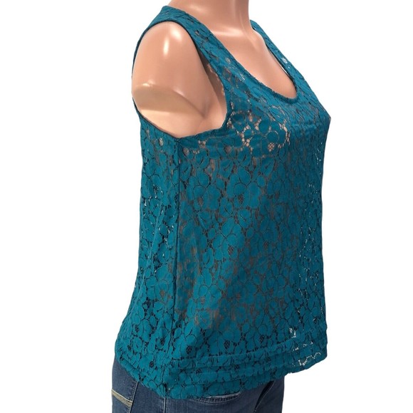 NWT Rafaella Top Womens Medium Sheer Lace Mesh Blue Floral Beach Boho Blouse… - Picture 4 of 12